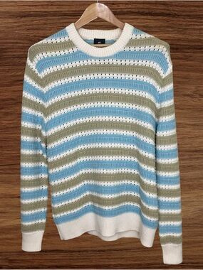 H&M Striped Blue White & Beige Textured Knit Sweater Regular Fit - Medium